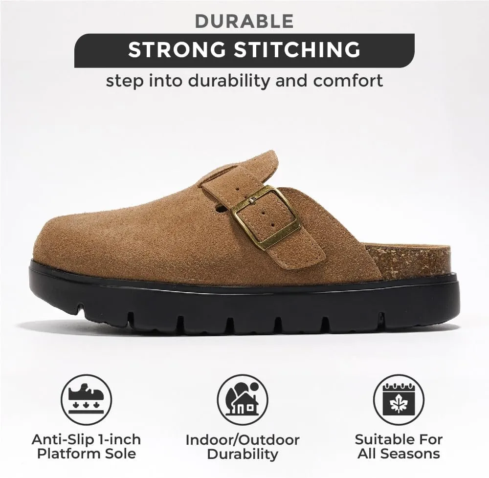 Project Cloud Genuine Leather Platform Clogs for Women Footwear - Memory Foam Arch Support Cork Footbed Casual Shoes & Mules for Women 2025 (Benton Chunky)