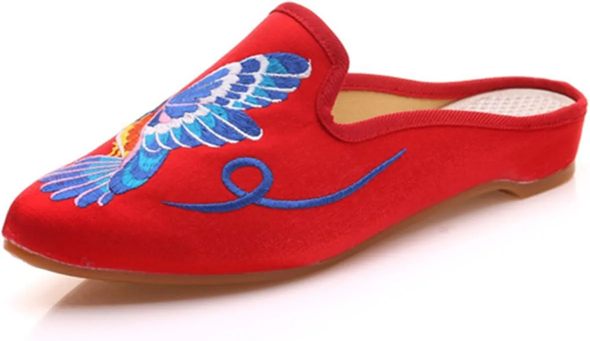 Qhome Women's Chinese Hummingbird Embroidery Pointed-Toe Comfortable Satin Casual Mules Pumps Slippers Shoes