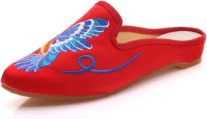 Qhome Women's Chinese Hummingbird Embroidery Pointed-Toe Comfortable Satin Casual Mules Pumps Slippers Shoes