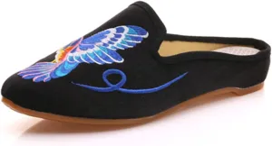 Qhome Women's Chinese Hummingbird Embroidery Pointed-Toe Comfortable Satin Casual Mules Pumps Slippers Shoes