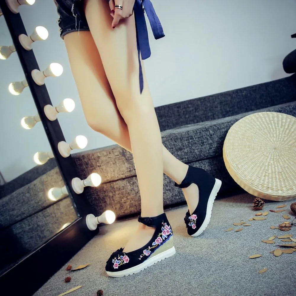 Qhome Women's Floral Embroidery Bowknot Comfortable Casual Walking Canvas Mary Jane Shoes
