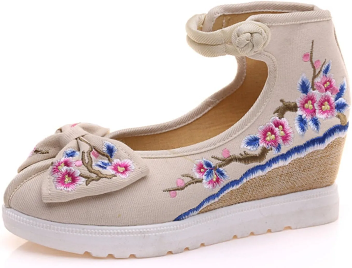 Qhome Women's Floral Embroidery Bowknot Comfortable Casual Walking Canvas Mary Jane Shoes