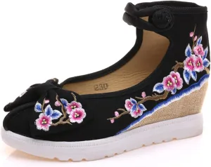 Qhome Women's Floral Embroidery Bowknot Comfortable Casual Walking Canvas Mary Jane Shoes