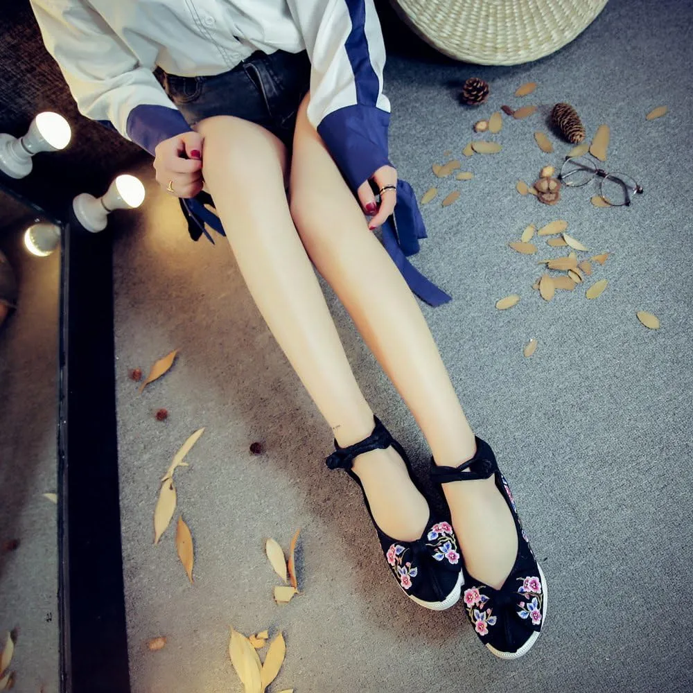 Qhome Women's Floral Embroidery Bowknot Comfortable Casual Walking Canvas Mary Jane Shoes