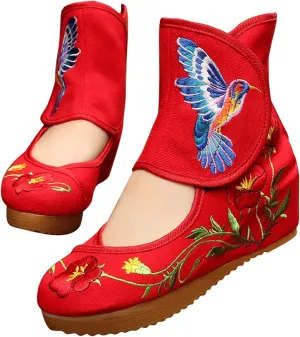 Qianmome Womens Hummingbird Floral Embroidery Comfort Sports Fashion Ankle Boots Canvas Shoes