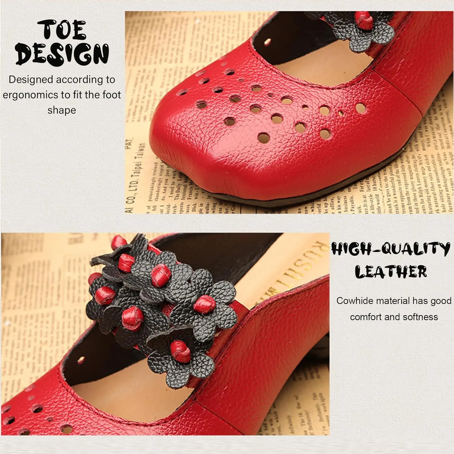 Retro Flower Chunky Heel Slide Mules for Women's Wide Toe Cutout Backless Closed Toe Mid Block Heeled Sandals for Walking Work