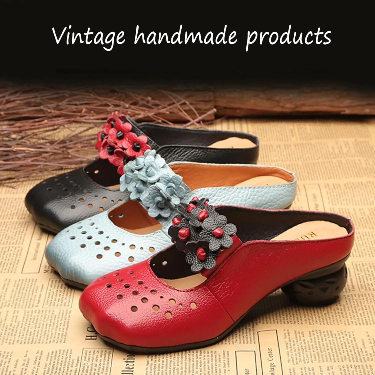 Retro Flower Chunky Heel Slide Mules for Women's Wide Toe Cutout Backless Closed Toe Mid Block Heeled Sandals for Walking Work