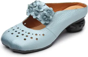 Retro Flower Chunky Heel Slide Mules for Women's Wide Toe Cutout Backless Closed Toe Mid Block Heeled Sandals for Walking Work