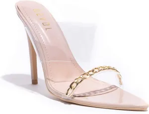 REVOL Clear Pointed Toe Sandals Stiletto Heels Transparent Strap High Heels Slip on Mules for Women