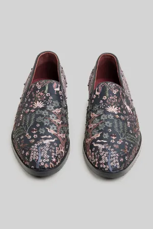 Rich Black Embroidered Loafers