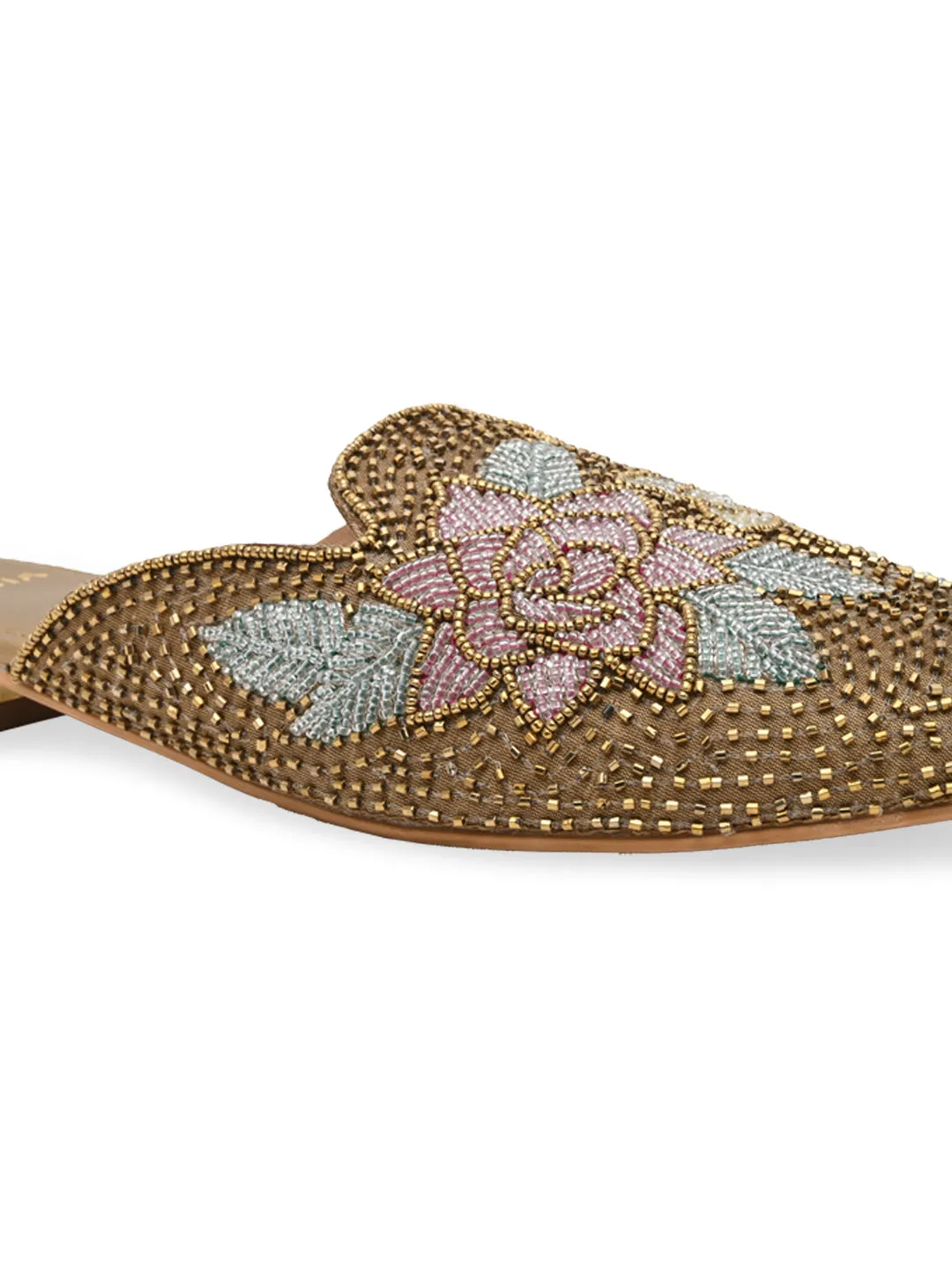 Rocia By Regal Antique Gold Women Hand Embroidered Mules