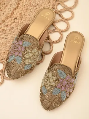 Rocia By Regal Antique Gold Women Hand Embroidered Mules