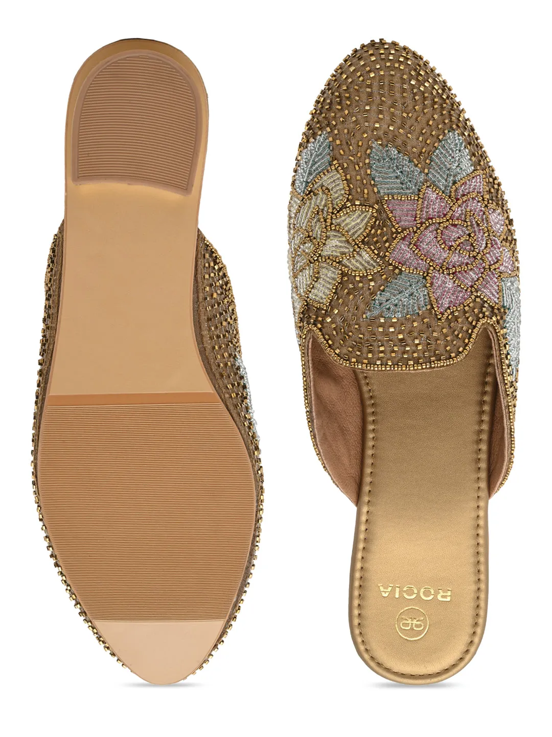 Rocia By Regal Antique Gold Women Hand Embroidered Mules