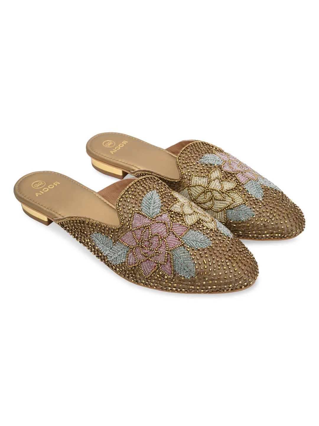 Rocia By Regal Antique Gold Women Hand Embroidered Mules