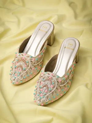 Rocia By Regal Gold Women Hand Embroidered Block Heel Mules