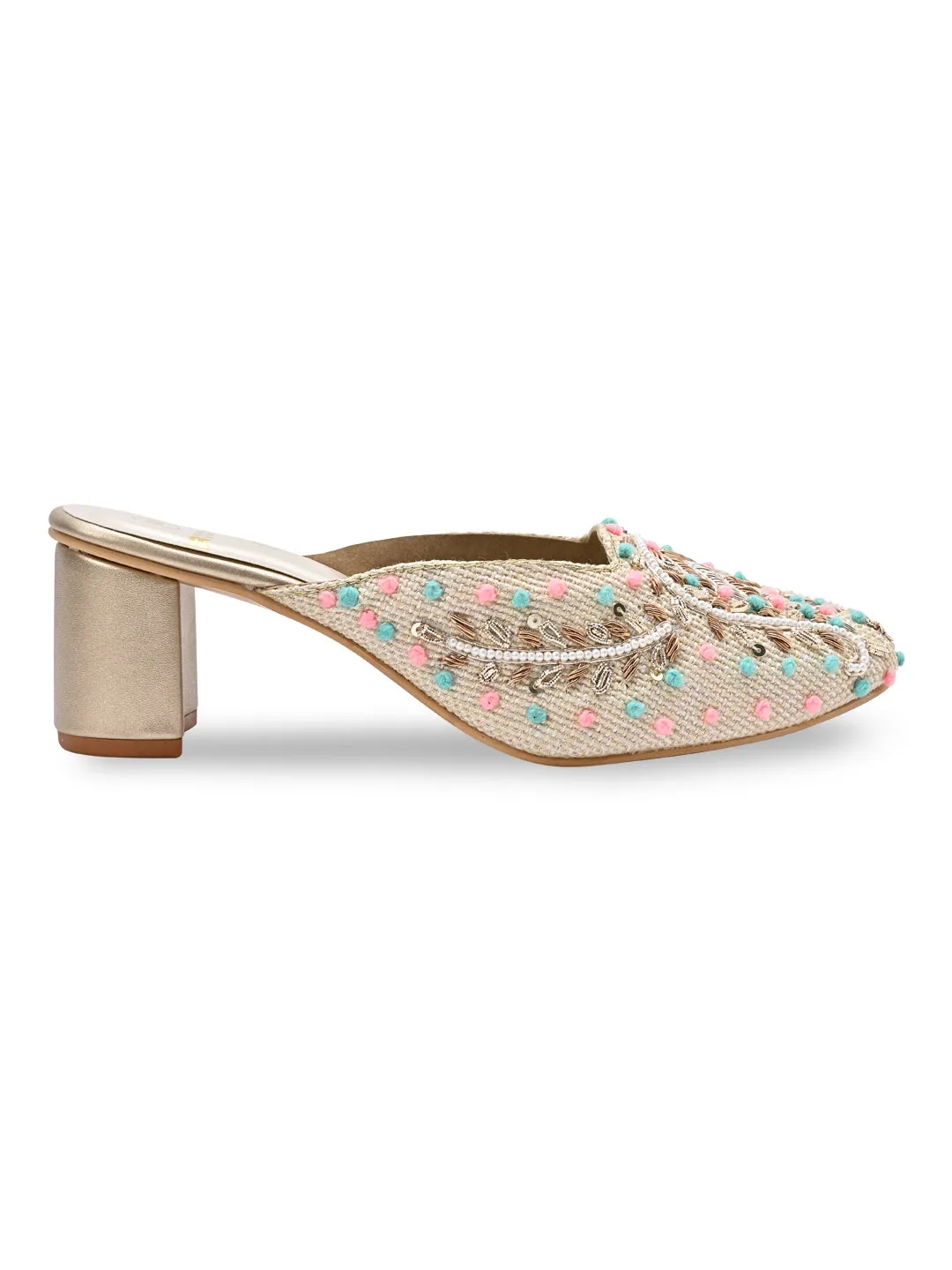 Rocia By Regal Gold Women Hand Embroidered Block Heel Mules