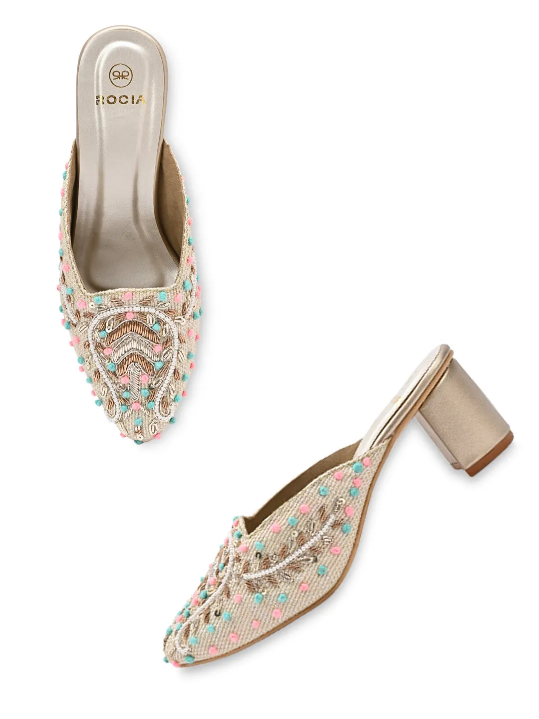 Rocia By Regal Gold Women Hand Embroidered Block Heel Mules
