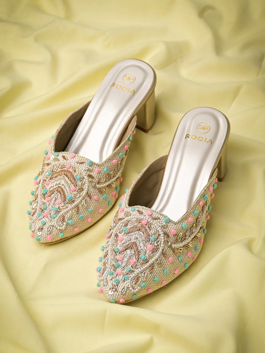Rocia By Regal Gold Women Hand Embroidered Block Heel Mules