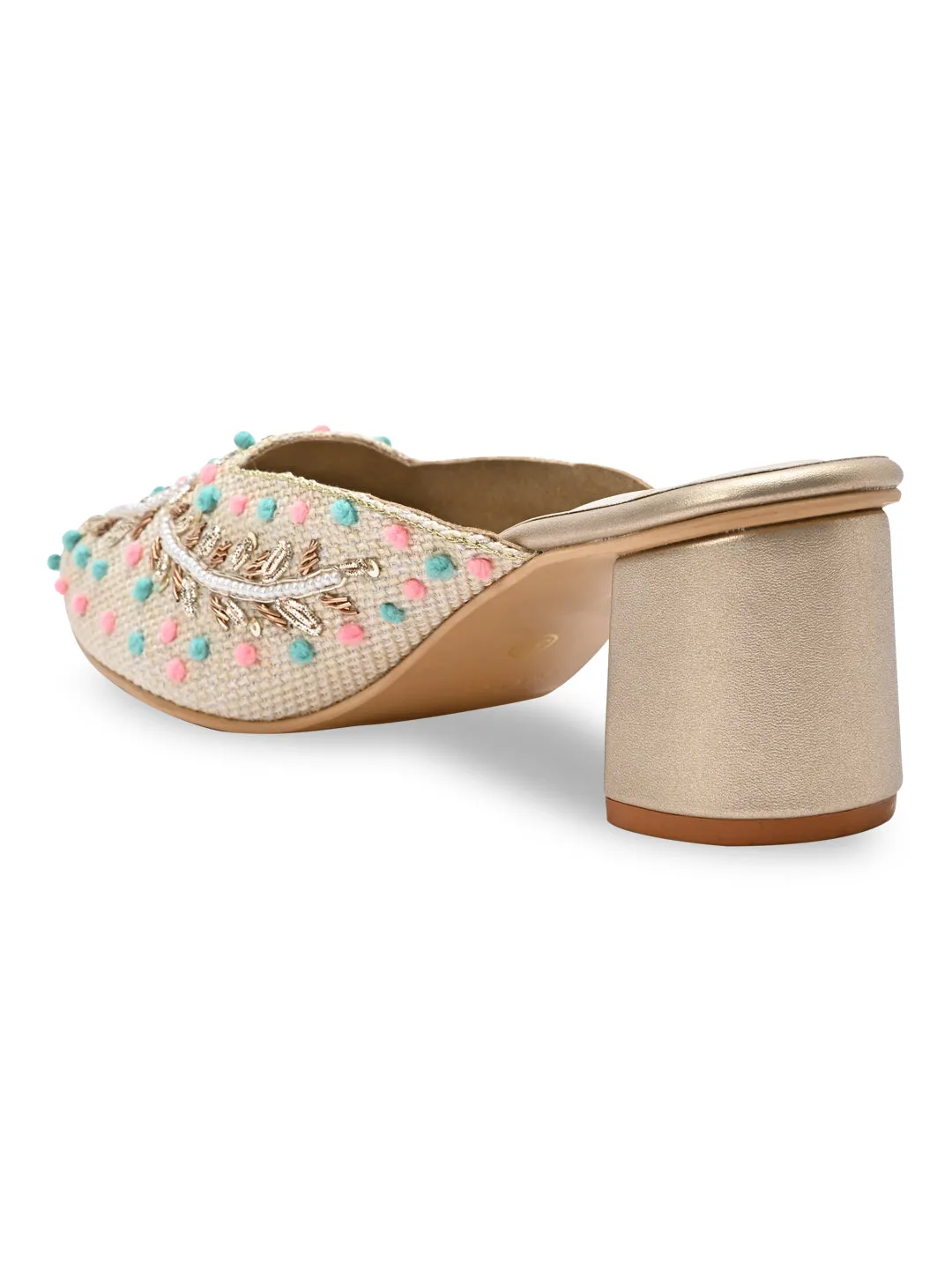 Rocia By Regal Gold Women Hand Embroidered Block Heel Mules