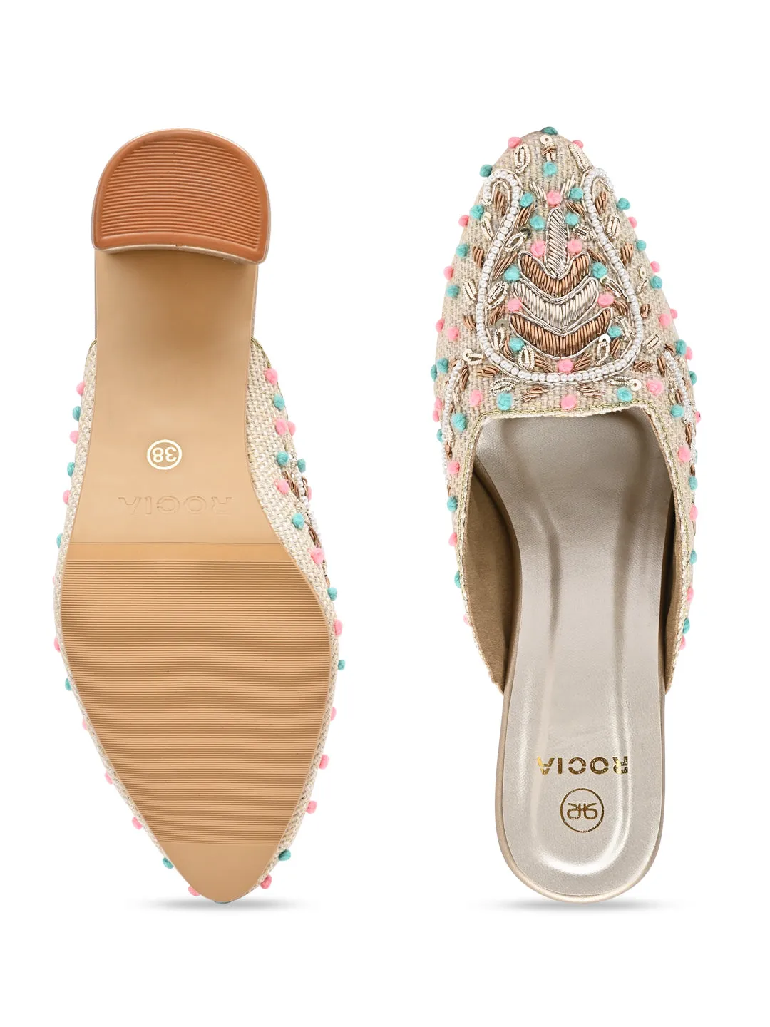 Rocia By Regal Gold Women Hand Embroidered Block Heel Mules