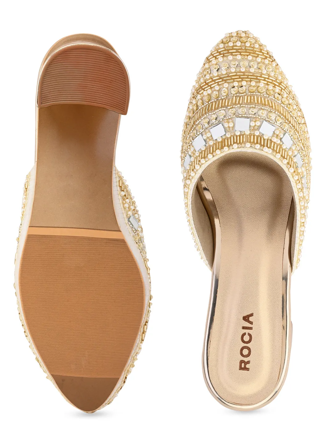 Rocia By Regal Gold Women Hand Embroidered Block Heel Mules