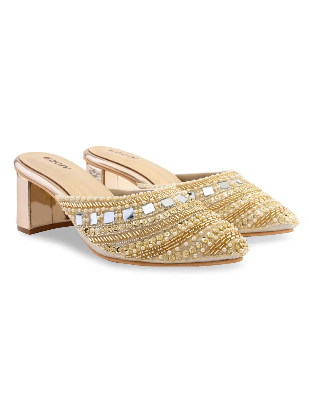 Rocia By Regal Gold Women Hand Embroidered Block Heel Mules