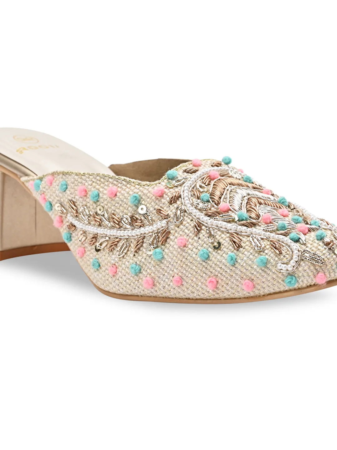 Rocia By Regal Gold Women Hand Embroidered Block Heel Mules