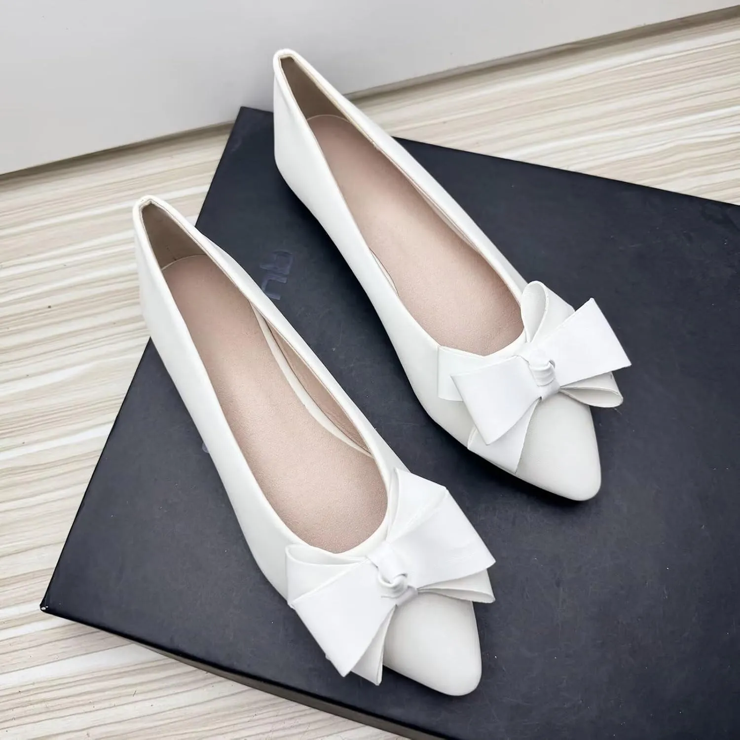 SAILING LU Womens Pointed Toe Ballet Flats Cute Bow-Knot Comfortable Loafers Formal Business Suede Slip On Dressy Walking Shoes