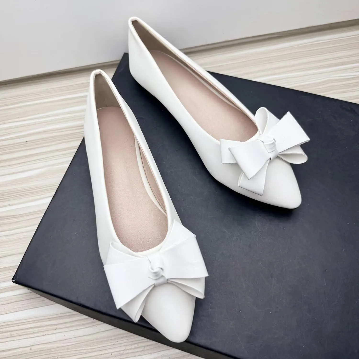 SAILING LU Womens Pointed Toe Ballet Flats Cute Bow-Knot Comfortable Loafers Formal Business Suede Slip On Dressy Walking Shoes