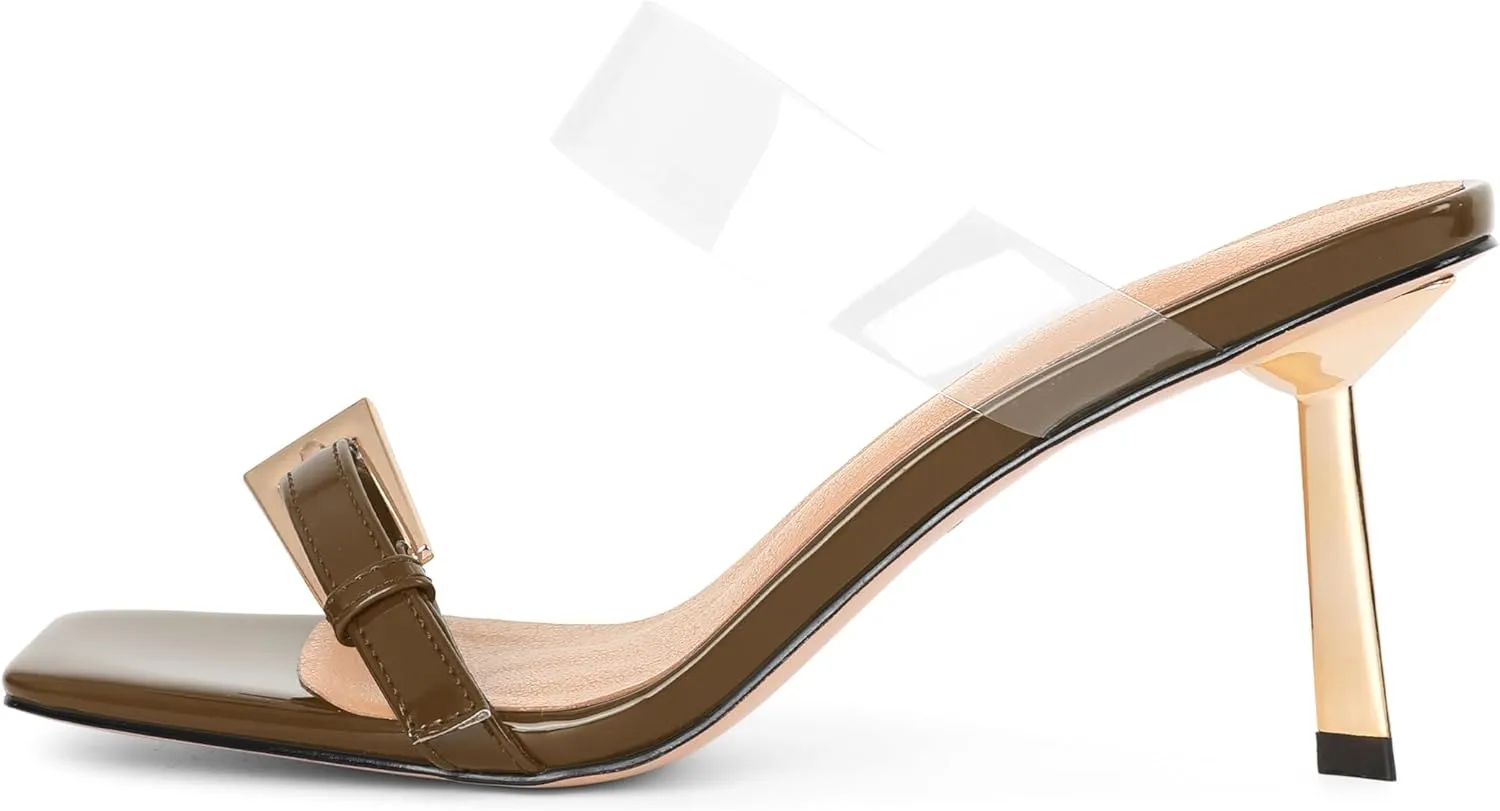 SAMMITOP Womens Heeled Sandals Strappy Square Toe Mules Gold Buckle Stiletto High Heels Clear Strap Slip On Summer Dress Shoes 3.5 Inches