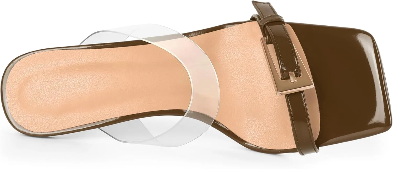 SAMMITOP Womens Heeled Sandals Strappy Square Toe Mules Gold Buckle Stiletto High Heels Clear Strap Slip On Summer Dress Shoes 3.5 Inches