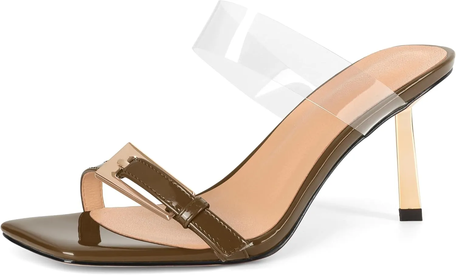 SAMMITOP Womens Heeled Sandals Strappy Square Toe Mules Gold Buckle Stiletto High Heels Clear Strap Slip On Summer Dress Shoes 3.5 Inches