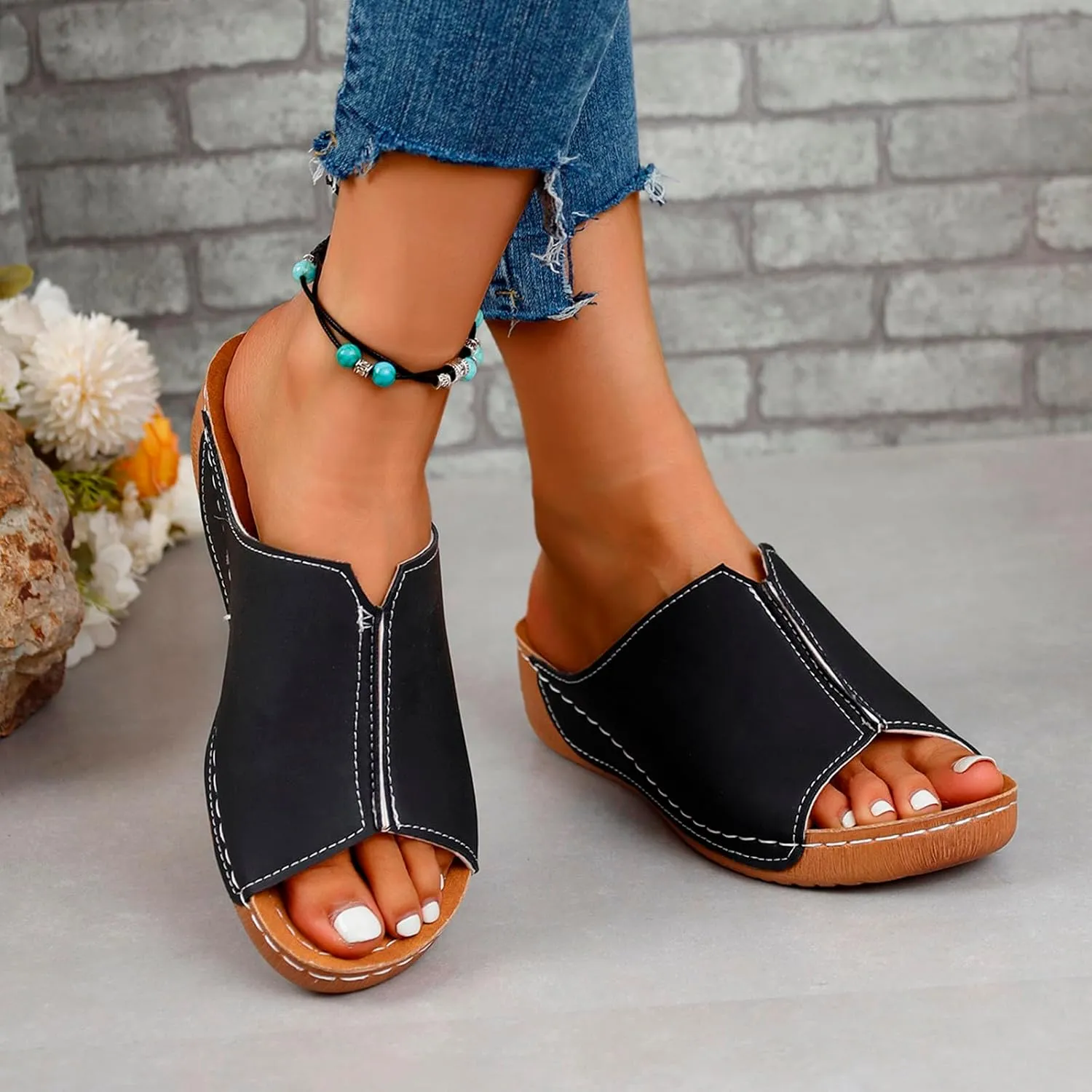Sandals for Women 2025 Orthopedic Arch Support Flat Slippers Slip on Wide Width Beach Shoes Leather Wedge Slides Sandals