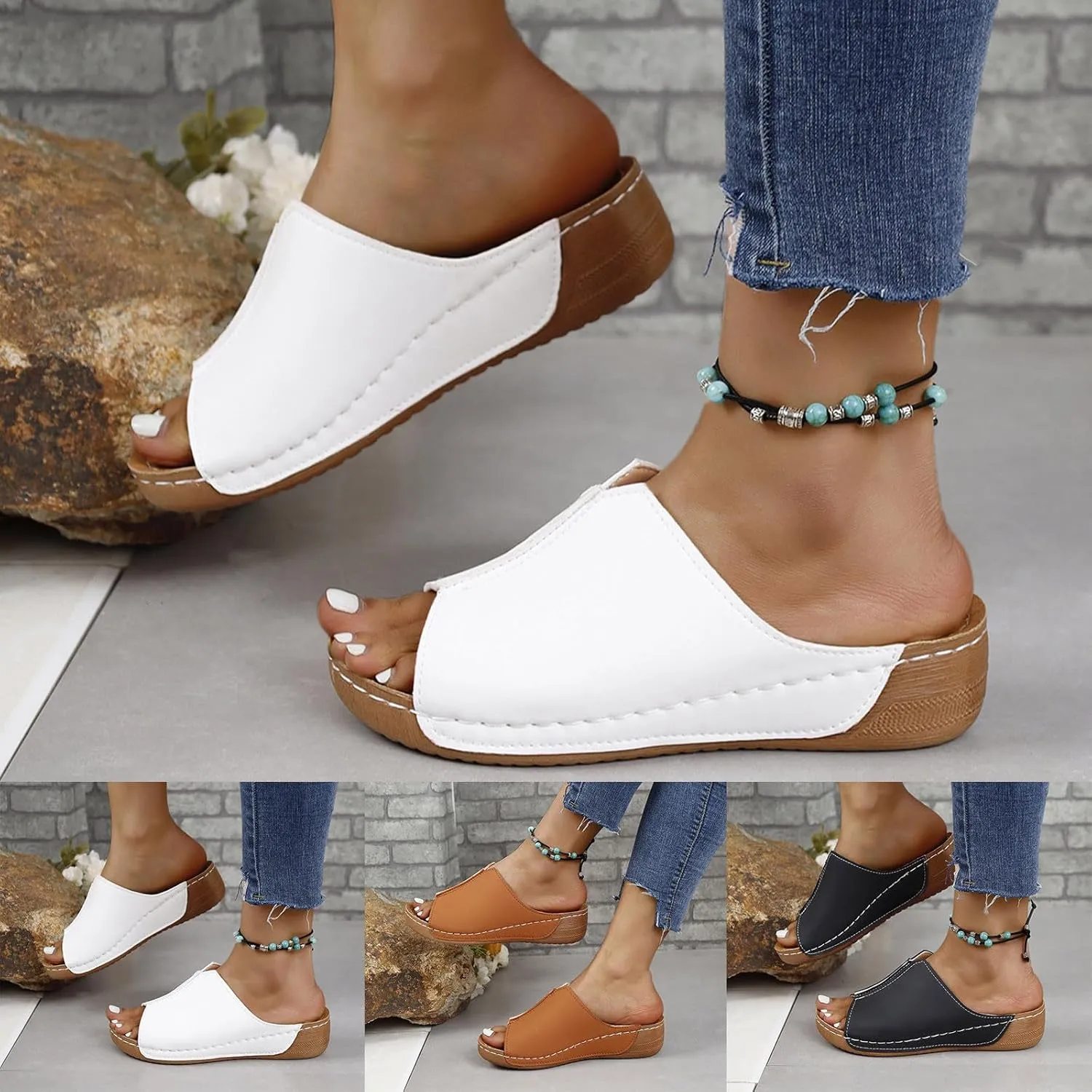 Sandals for Women 2025 Orthopedic Arch Support Flat Slippers Slip on Wide Width Beach Shoes Leather Wedge Slides Sandals