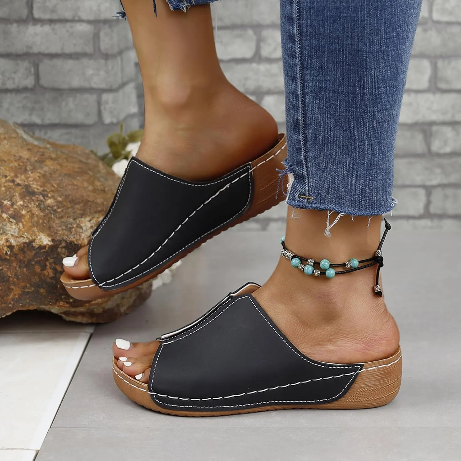 Sandals for Women 2025 Orthopedic Arch Support Flat Slippers Slip on Wide Width Beach Shoes Leather Wedge Slides Sandals
