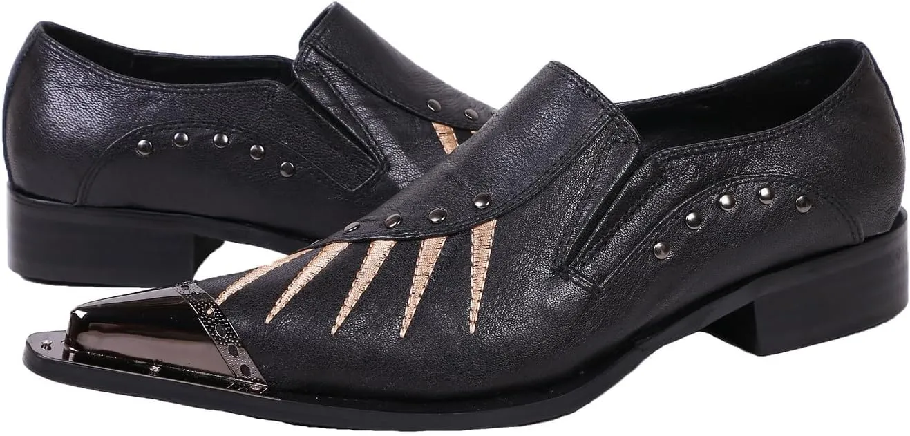 Santimon Loafers Pointed Toe Western Embroidery Leather Dress Men Shoes