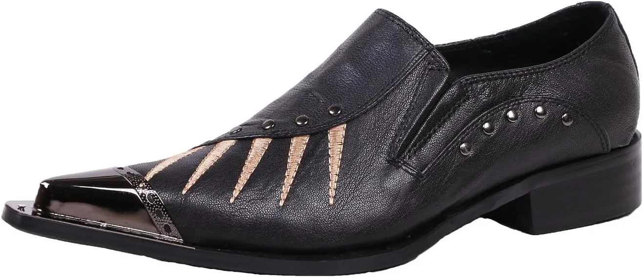 Santimon Loafers Pointed Toe Western Embroidery Leather Dress Men Shoes