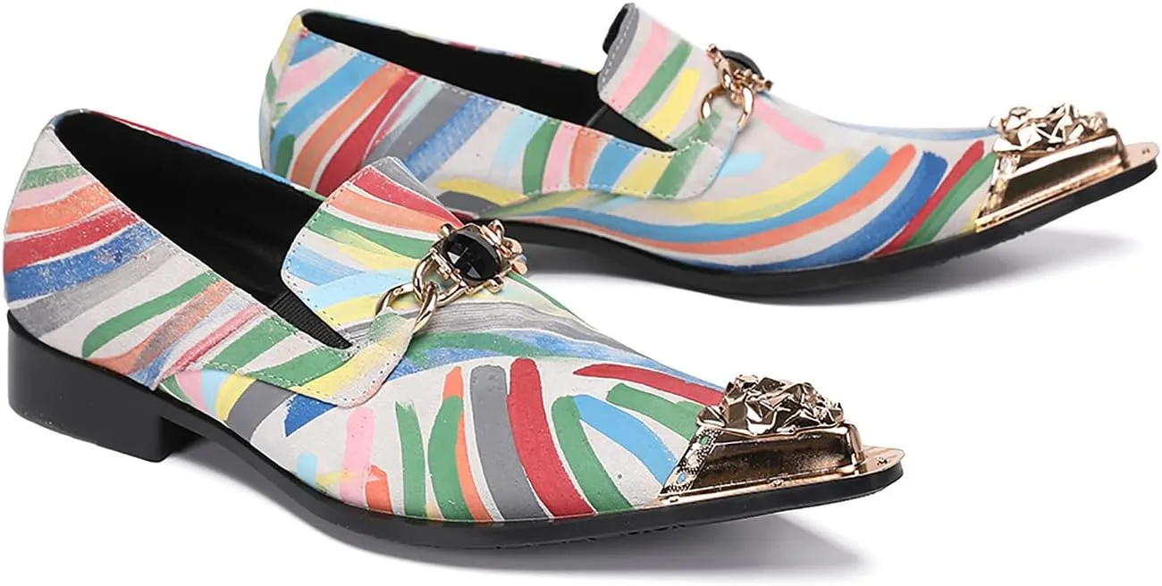 Santimon Mens Dress Shoes Leather Metal-Tip Toe Loafers Graffiti Gold Chain Fshion Rainbow Casual Wedding Party Formal Dress Ballroom Slip On Mocassins Summer Shoes