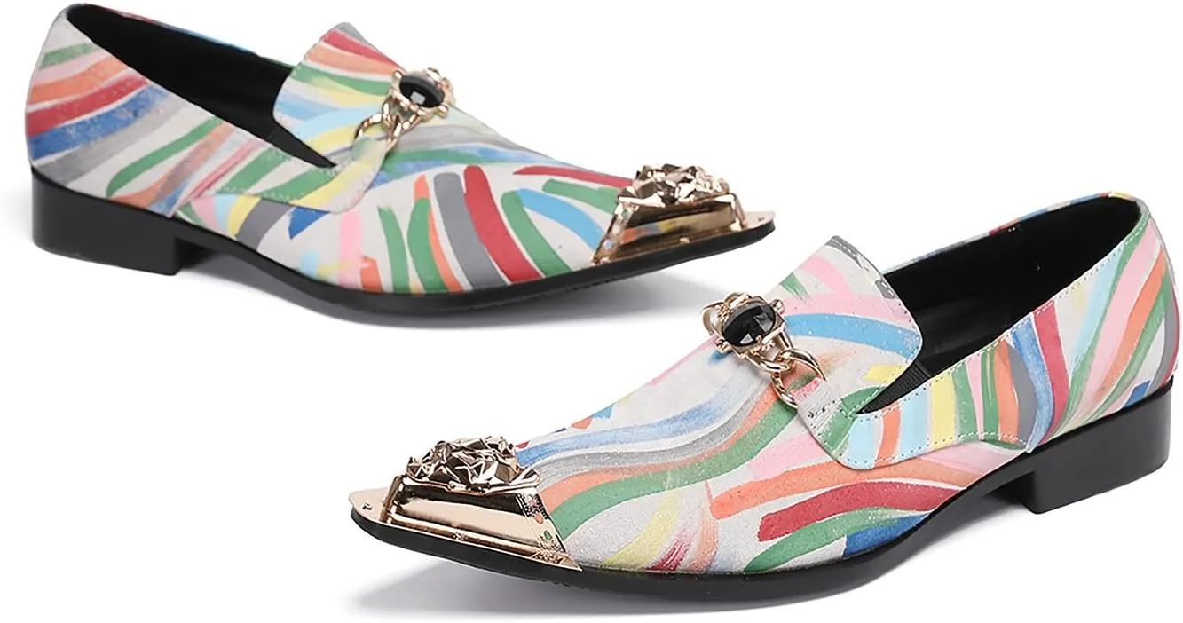 Santimon Mens Dress Shoes Leather Metal-Tip Toe Loafers Graffiti Gold Chain Fshion Rainbow Casual Wedding Party Formal Dress Ballroom Slip On Mocassins Summer Shoes