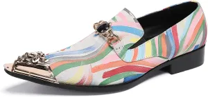 Santimon Mens Dress Shoes Leather Metal-Tip Toe Loafers Graffiti Gold Chain Fshion Rainbow Casual Wedding Party Formal Dress Ballroom Slip On Mocassins Summer Shoes