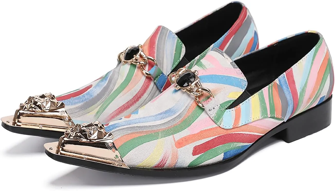 Santimon Mens Dress Shoes Leather Metal-Tip Toe Loafers Graffiti Gold Chain Fshion Rainbow Casual Wedding Party Formal Dress Ballroom Slip On Mocassins Summer Shoes