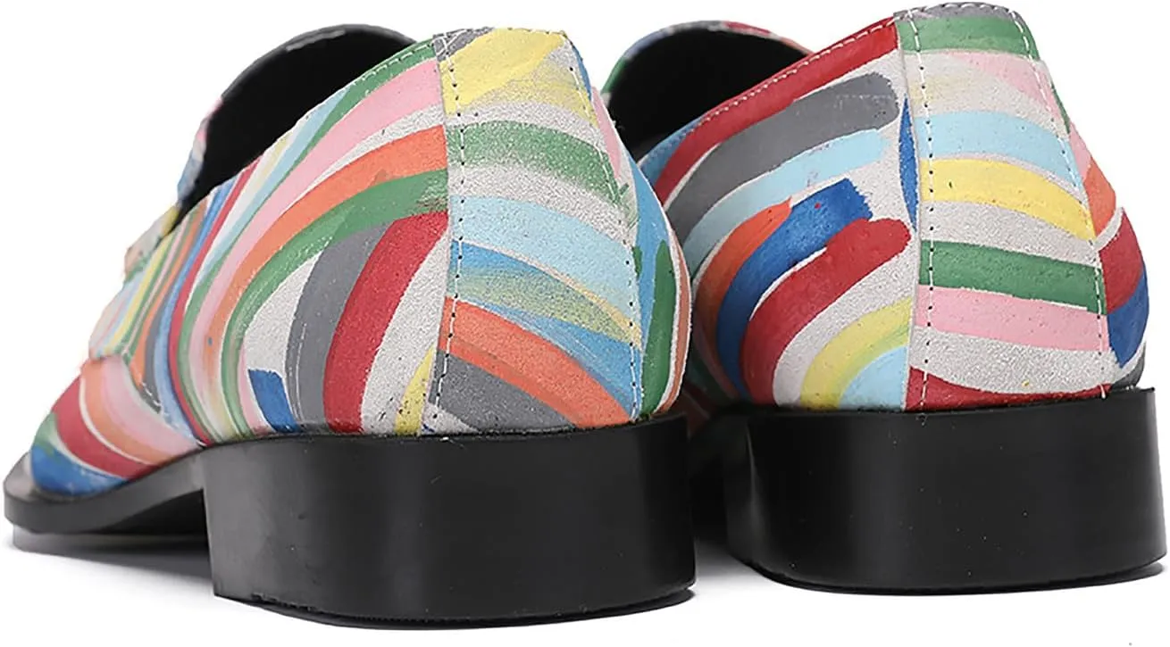 Santimon Mens Dress Shoes Leather Metal-Tip Toe Loafers Graffiti Gold Chain Fshion Rainbow Casual Wedding Party Formal Dress Ballroom Slip On Mocassins Summer Shoes