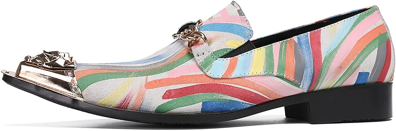 Santimon Mens Dress Shoes Leather Metal-Tip Toe Loafers Graffiti Gold Chain Fshion Rainbow Casual Wedding Party Formal Dress Ballroom Slip On Mocassins Summer Shoes