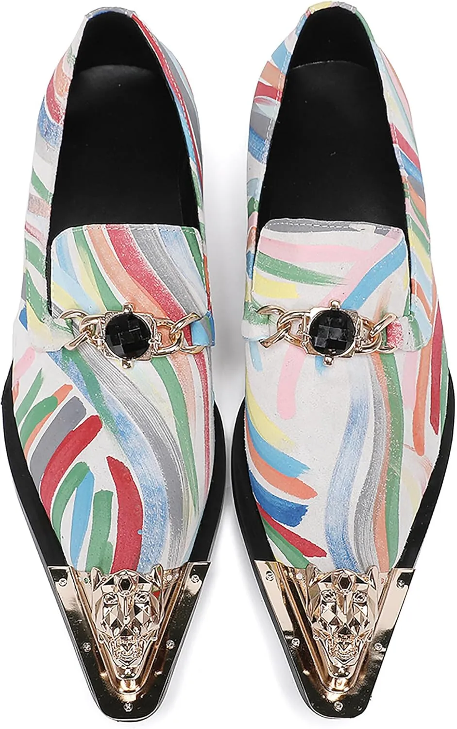 Santimon Mens Dress Shoes Leather Metal-Tip Toe Loafers Graffiti Gold Chain Fshion Rainbow Casual Wedding Party Formal Dress Ballroom Slip On Mocassins Summer Shoes