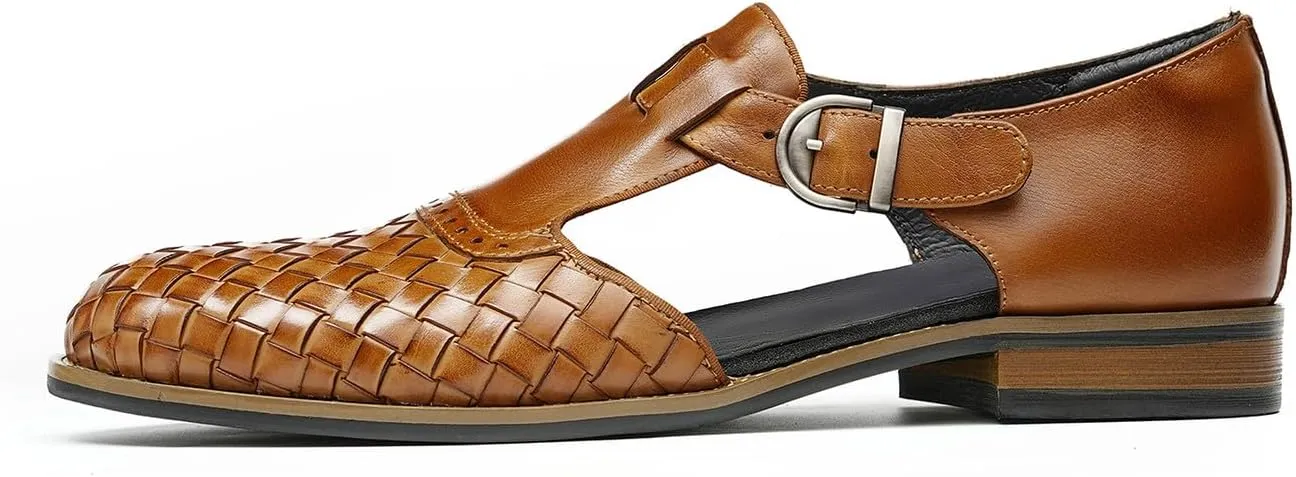 Santimon Men’s Genuine Leather Woven Sandals | Closed-Toe Business Casual Shoes, Fashionable Outdoor Sandals, Comfortable Summer Loafers for Men