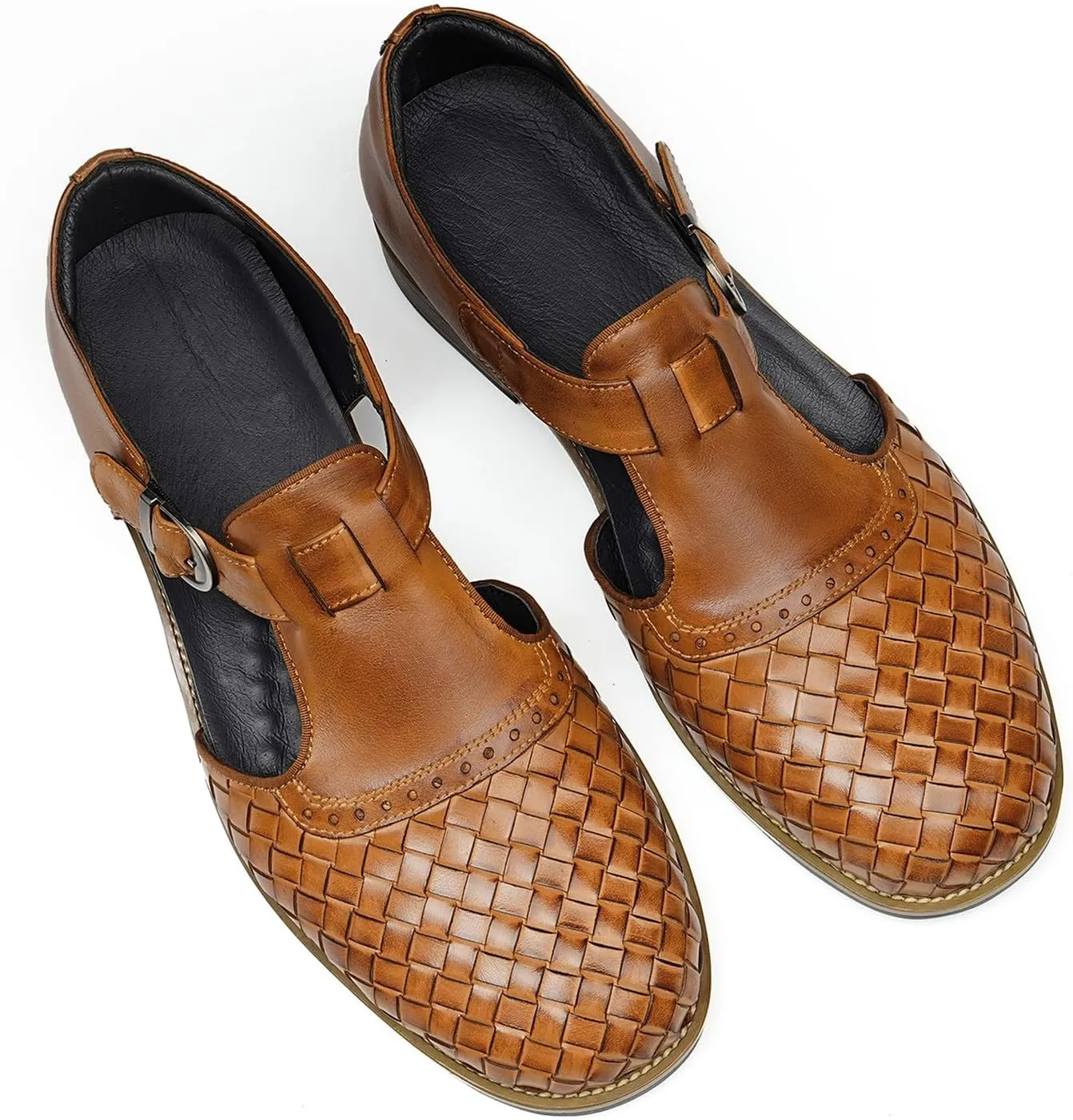 Santimon Men’s Genuine Leather Woven Sandals | Closed-Toe Business Casual Shoes, Fashionable Outdoor Sandals, Comfortable Summer Loafers for Men