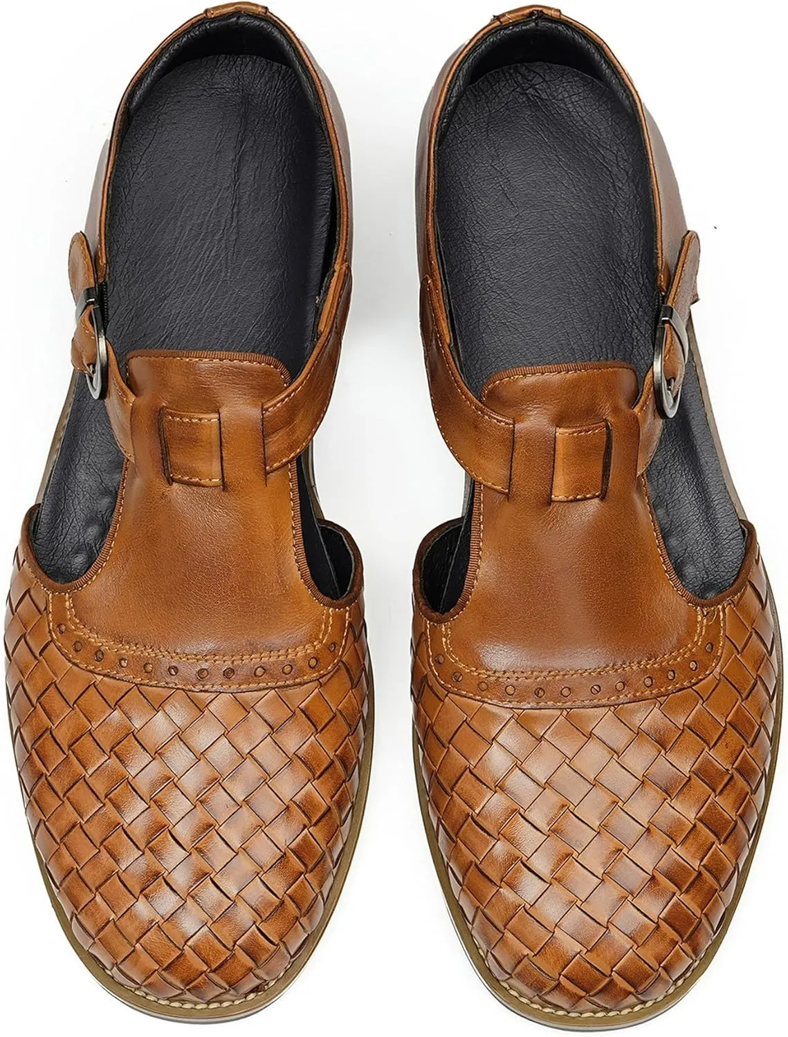 Santimon Men’s Genuine Leather Woven Sandals | Closed-Toe Business Casual Shoes, Fashionable Outdoor Sandals, Comfortable Summer Loafers for Men