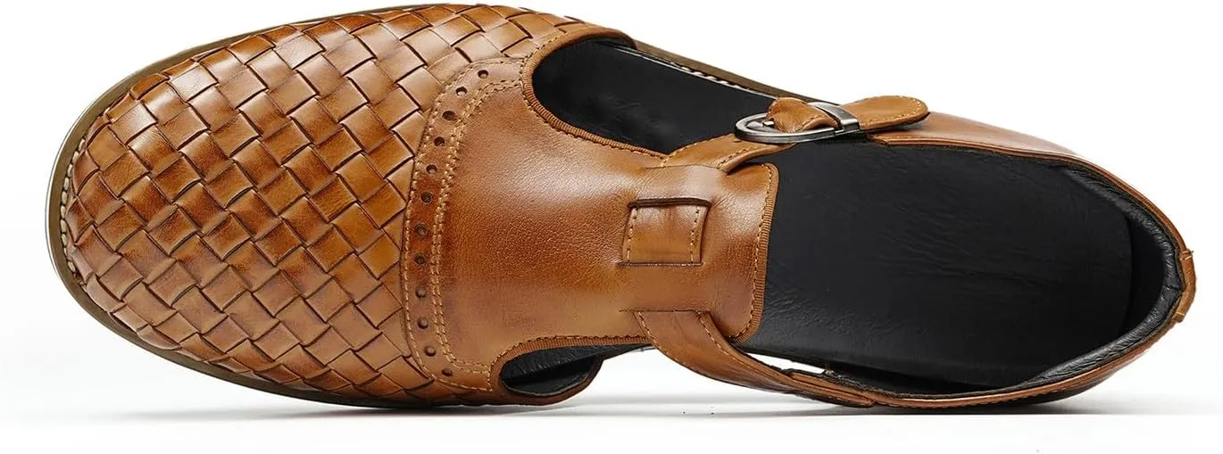Santimon Men’s Genuine Leather Woven Sandals | Closed-Toe Business Casual Shoes, Fashionable Outdoor Sandals, Comfortable Summer Loafers for Men