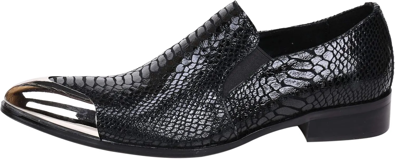 Santimon Mens Loafers Pointed Toe Leather Fashion Printed Metal Tip Western Dress Shoes