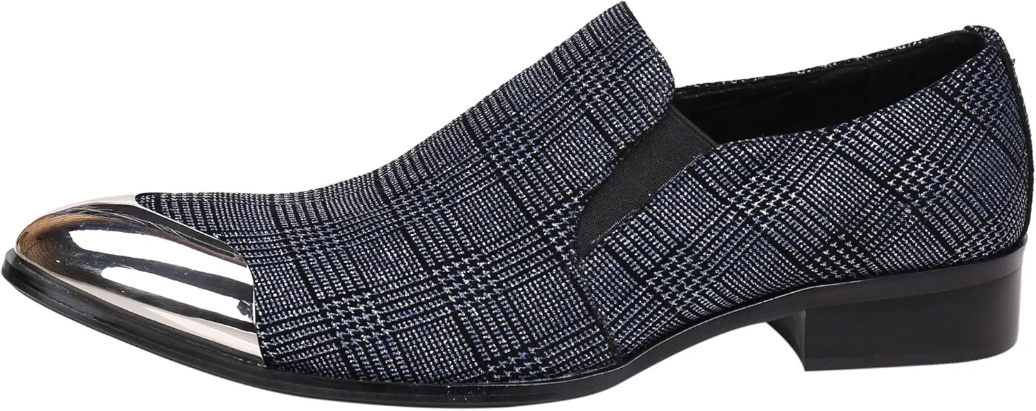 Santimon Mens Loafers Pointed Toe Leather Fashion Printed Metal Tip Western Dress Shoes